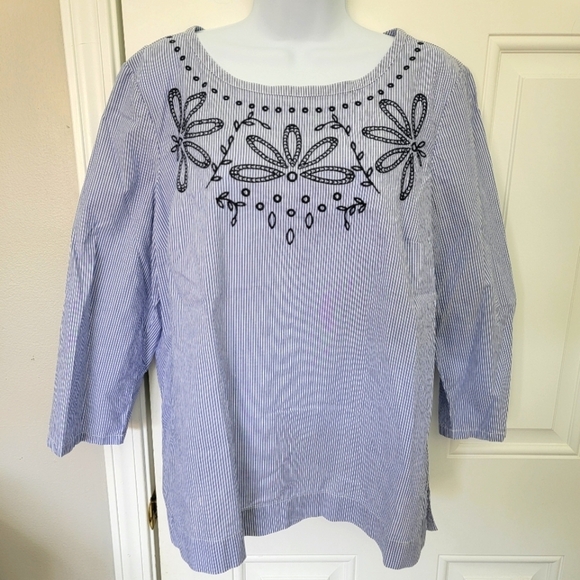 Talbots 100% Cotton Blue White Striped Embroidered Floral 3/4 Sleeve Top Size M - Picture 1 of 9